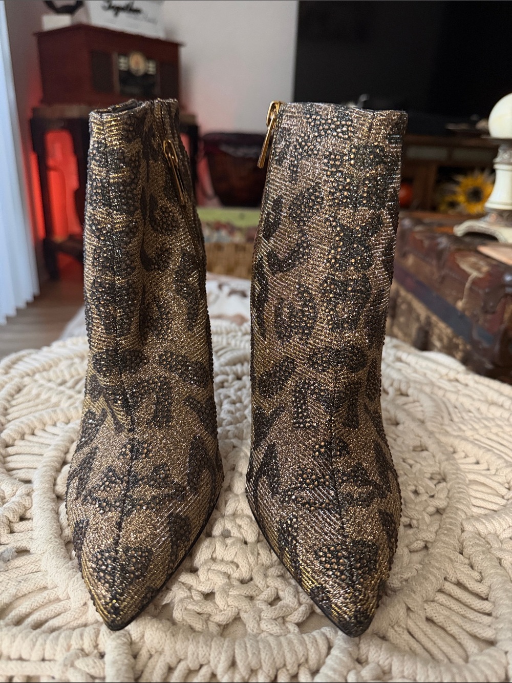 Jessica Simpson Gold Leopard Print Pointed Ankle Booties